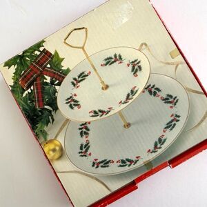 VTG 80s, Holly 2 Tier Porcelain Tidbit Serving Tray, box included, Christmas